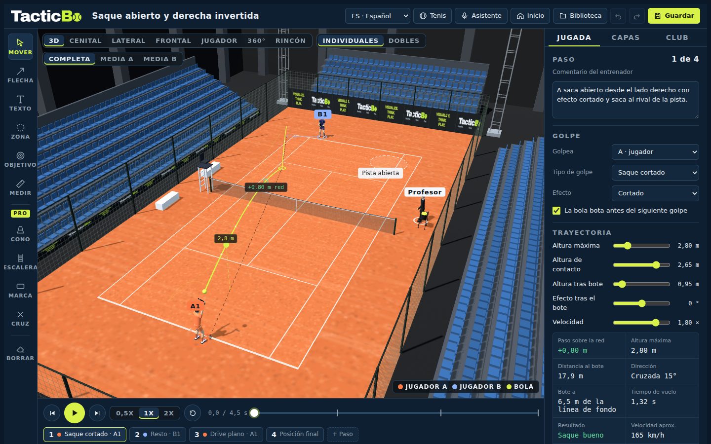 Pizarra de tenis en tierra batida: saque abierto con la lectura de saque bueno y velocidad